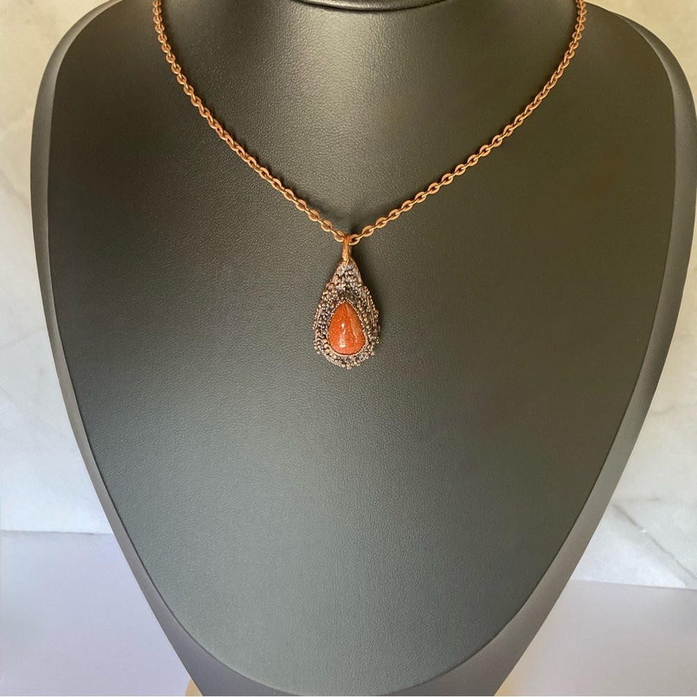 Copper Necklace Gold Sandstone Gem Stone Handmade Jewelry Pendant 18” Chain Meta